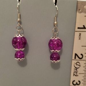 Fuschia Crackle Glass Dangle Handcrafted Earrings
